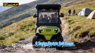 Van dichterbij bekeken: multifunctionele, verhoogde elektrische golfbuggy met 6 zitplaatsen en opklapbare achterbank. Kleur aanpasbaar