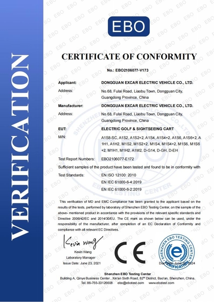 China Dongguan Excar Electric Vehicle Co., Ltd Certificaten