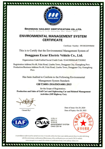 China Dongguan Excar Electric Vehicle Co., Ltd Certificaten